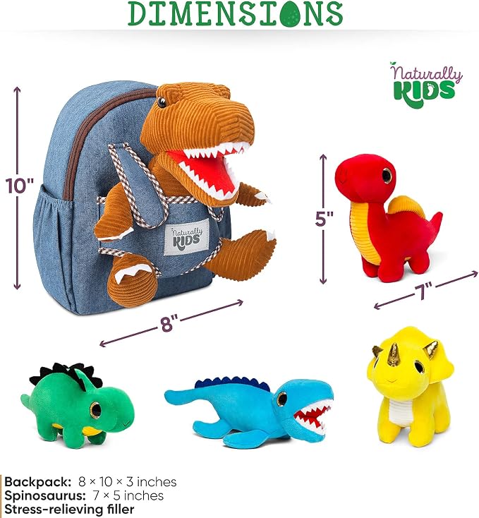 Naturally KIDS Toddler Dinosaur Backpack w Plush Dinosaur Toys for Kids 2-5 | Dinosaur Gifts for Kids 3-5 in Gift-Ready Box, Birthday Gifts for 2 3 4 5 Year Old Boys, Girls