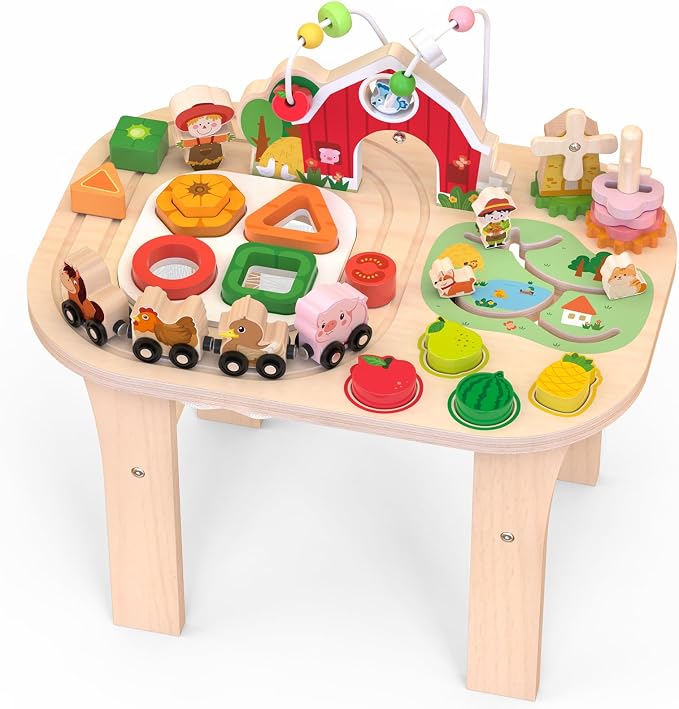 Weilim Montessori Activity Table for 1 Year Old, Wooden Farm Toddler Toy | Busy Activity Center with Bead Maze, Shape Sorter, Train Track & Spinning Gears—Sensory Play That Grows Fine Motor Skills