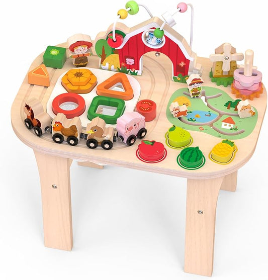 Weilim Montessori Activity Table for 1 Year Old, Wooden Farm Toddler Toy | Busy Activity Center with Bead Maze, Shape Sorter, Train Track & Spinning Gears—Sensory Play That Grows Fine Motor Skills
