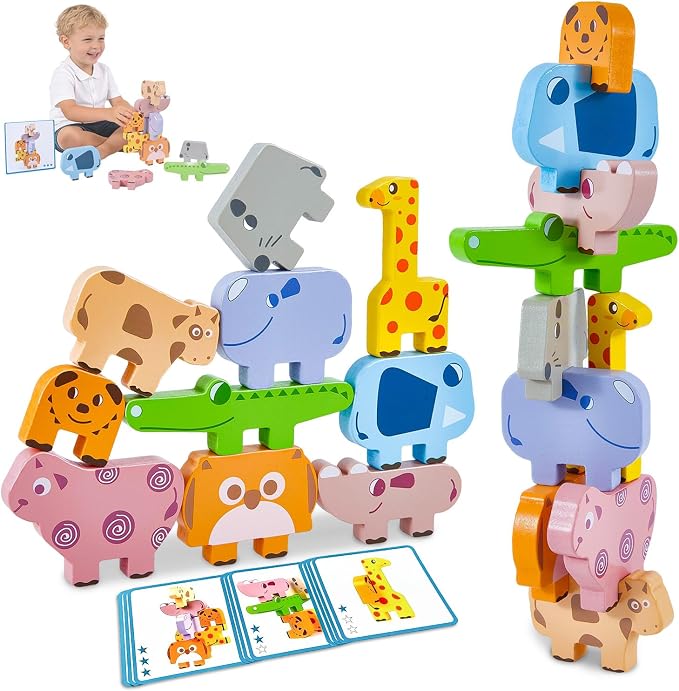 Montessori Toys, 10 PCS Wooden Animal Blocks Baby Stacking Set | Preschool Educational Learning Puzzles, Sensory Sorting Toys for 0 1 2 3 4 Year Old Kids Toddlers Girl Boy, Birthday Gift