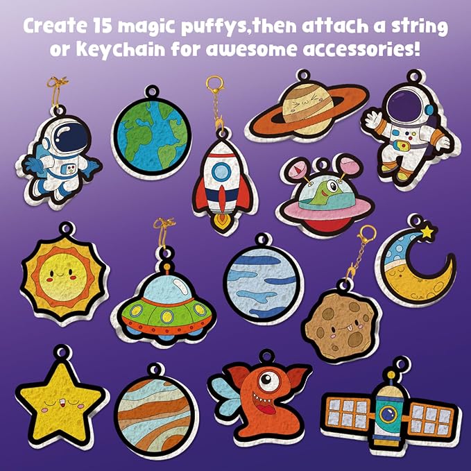 Artnedu Magic Puffy Paint Kit-Space & Astronauts,3D Art Kit,Mess-Free Toy | DIY Magic Puffy Keychain,Paint By Craft Kits for Kids,Travel Toys & Creative Gift for Girls & Boys Ages 4, 5, 6, 7, 8, 9, 10