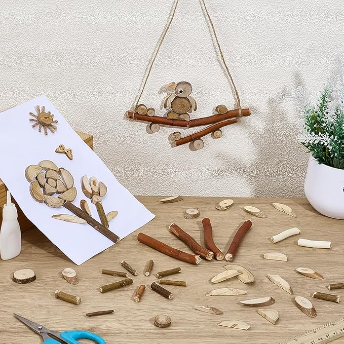 PH PandaHall Wooden Unfinished Craft Kits, Handmade DIY Wood Stakes Kits Natural Wood Slices Loose Part Play DIY Tiny Wood Pieces Kit for Craft Painting Dollhouse Sorting Activities School Projects
