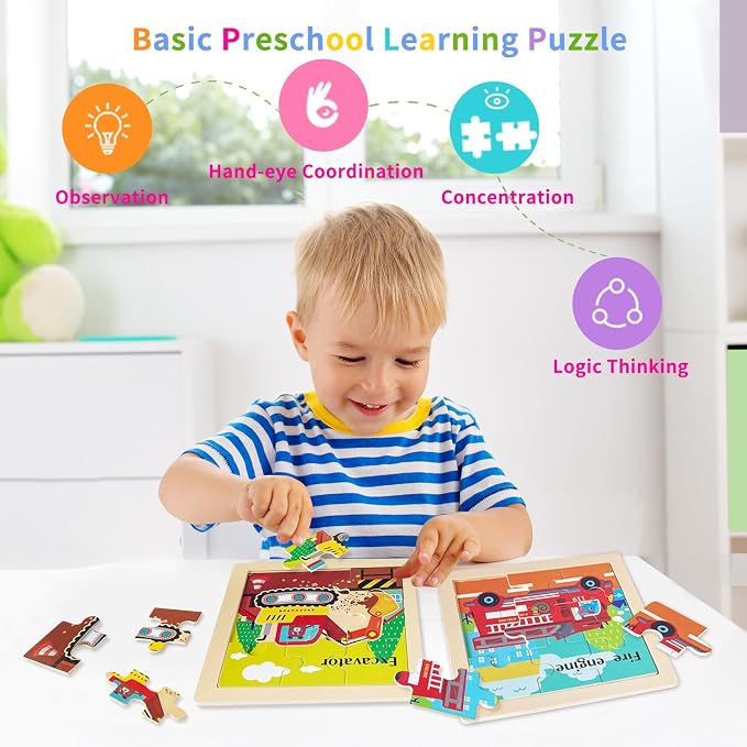Wooden Puzzles for Toddlers 3+, 9 Pieces Vehicle Jigsaw Puzzles for Kids Ages 3-5, Toddler Toys for Preschool Learning Activities, Learning & Educational Toys, Gifts for Boys, Girls