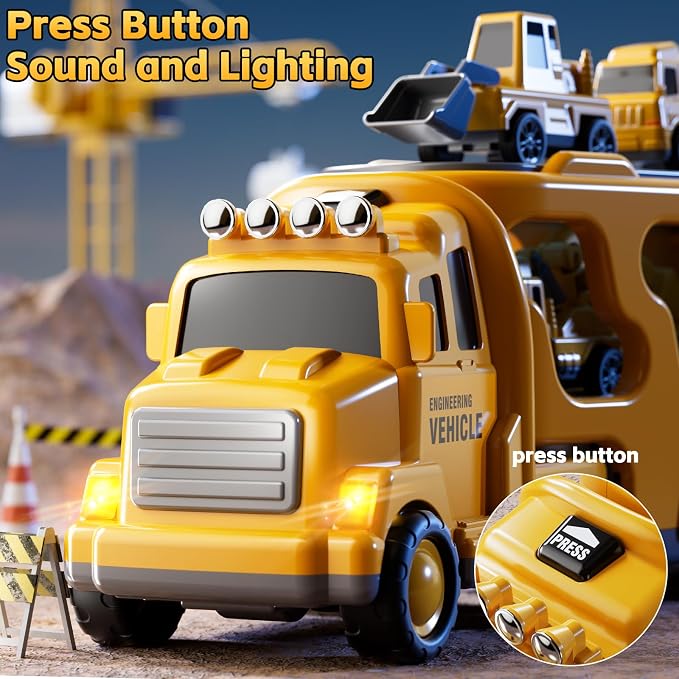 5-in-1 Construction Trucks Toys for 3 4 5 Years Old Boys | Carrier Transport Vehicle Truck for Toddlers 3-4 Years with Crane, Mixer, Pushdozer and Excavator, Car Toys Birthdays Gift