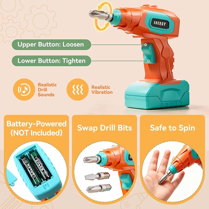 CUTE STONE 200PCS Toddler Tool Set with Electric Toy Drill | STEM Construction Building Toy, 2-in-1 Tool Bench & Storage Box, Montessori Pretend Play Gift for Kids Boys Girls Ages 3-6