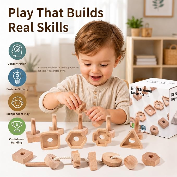 Wooden Screw and Nut Playset for Kids Ages 3,4,5，Montessori Shape Sorting Toy, Lacing Beads, Preschoolers Activities, Building Construction Screw Matching, for Boys Girls