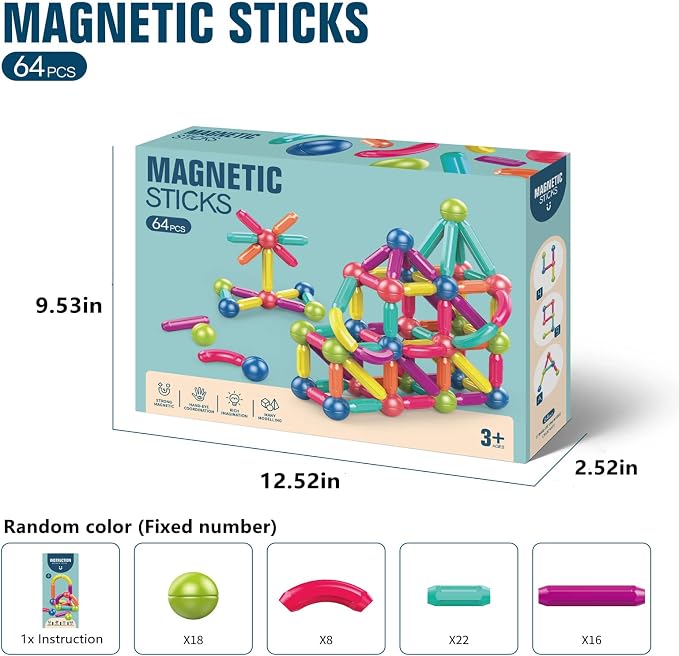 Ferthor Fun Magnetic Balls and Rods Set Building Blocks Magnets for Kids,Learning & Education Toys,Magnetic Sticks Blocks,Montessori Toys for Toddlers,Boys&Girls Gifts (64pcs)