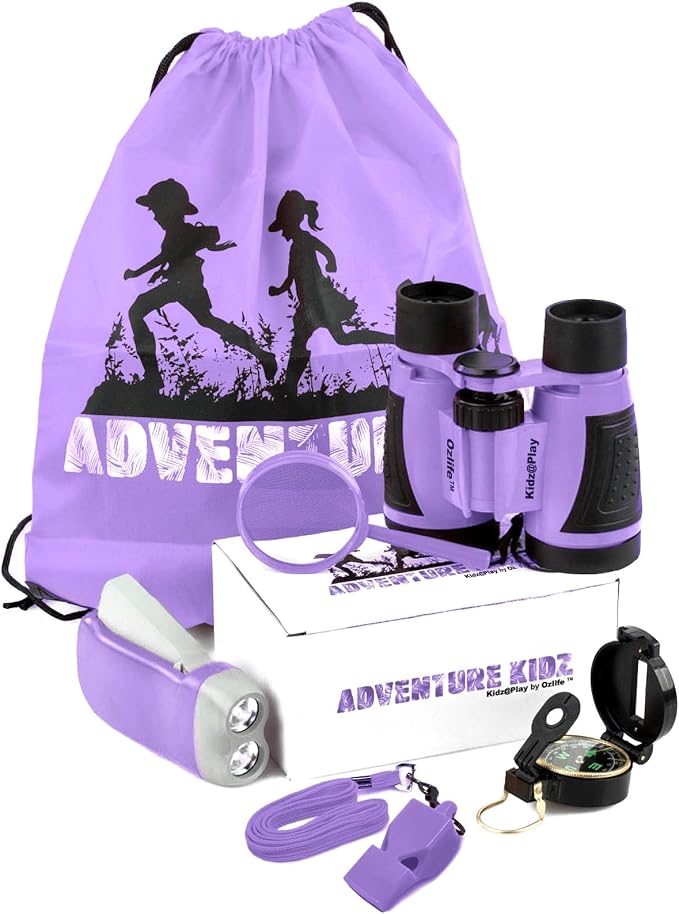 Purple Adventure Kidz Outdoor Exploration Kit | Children's Binoculars with Case, Flashlight, Compass, Fox Whistle, Magnifying Glass, Backpack