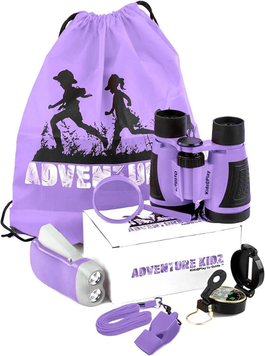 Purple Adventure Kidz Outdoor Exploration Kit | Children's Binoculars with Case, Flashlight, Compass, Fox Whistle, Magnifying Glass, Backpack