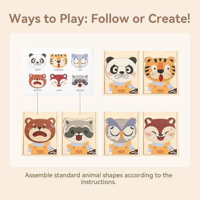 Emotion Animals Wooden Puzzle for Ages 3+, Mix-and-Match Animal Faces with Storage Box, Montessori Toy for Fine-Motor & Storytelling, Birthday