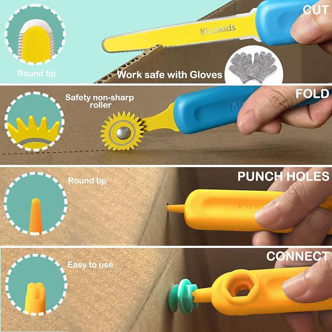 Kizzikids Cardboard Tools for Kids, Safe Cutter STEM Construction Kit | 87 PCS, Hands-On Learning, Creative Projects, Screen-Free Play, Family Fun, Classroom Activities, Ages 5+