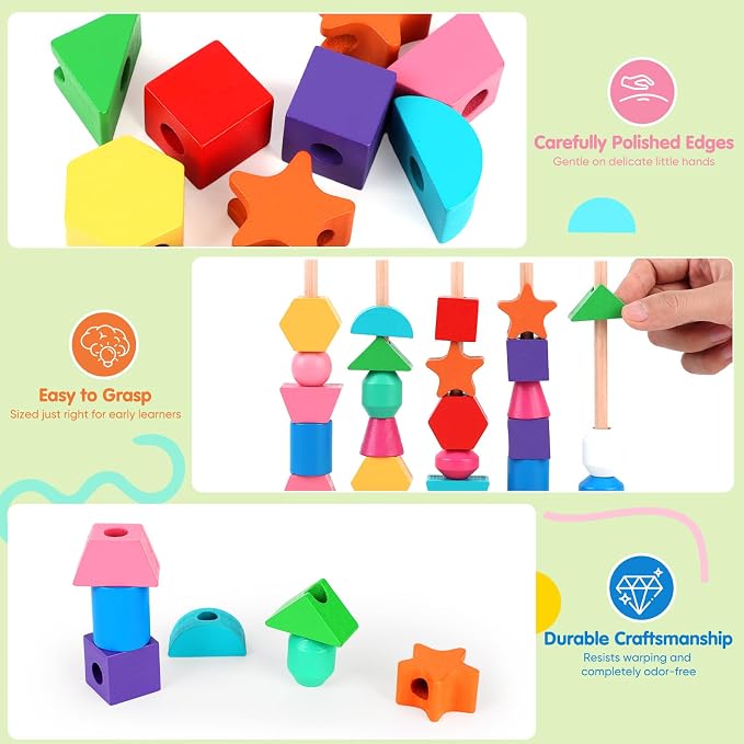 Montessori Wooden Threading Beads Set for Toddlers 3 4 5, Bead Sequencing & Stacking Toy with Pattern Cards, Lacing Beads, Shape Matching Stacker, Fine Motor STEM Learning Gift