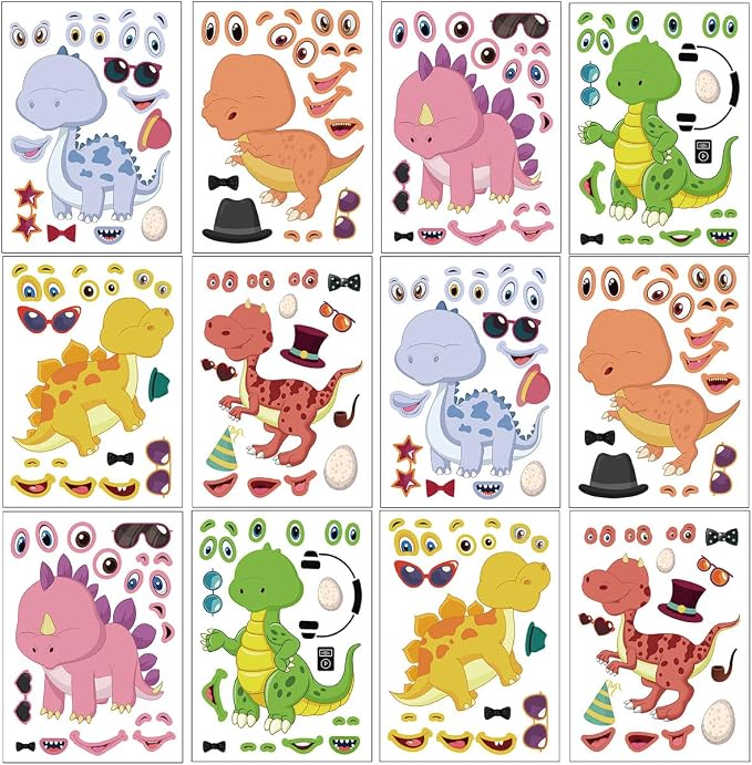 24 Sheets Make a Face Dinosaur Stickers for Boys Kids Party Favors | Make Your Own Dinosaur Stickers Birthday Decorations Supplies, Toddlers Crafts Activities Gifts Goodie Bags Stuffers Games