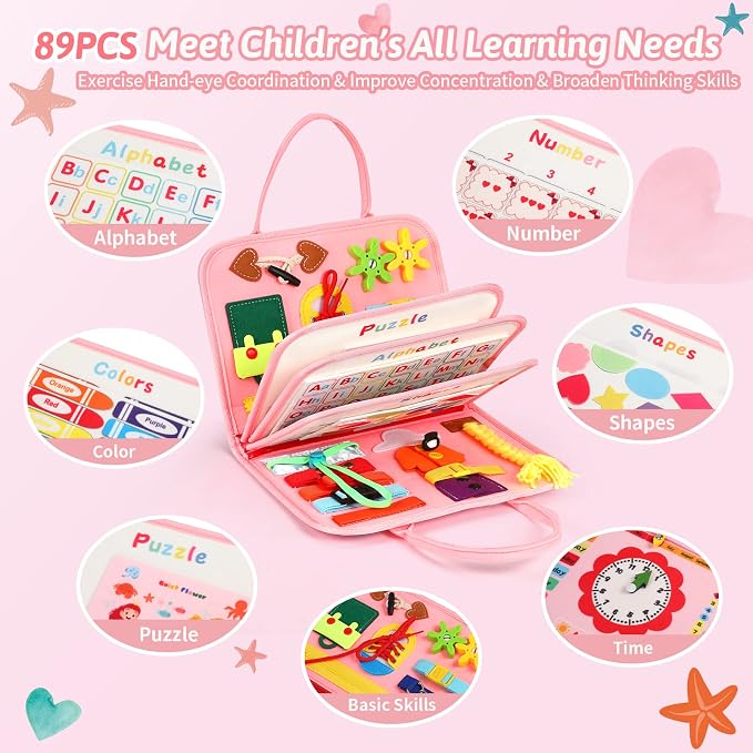 8 in 1 Pink Montessori Toys Busy Board - Sensory Activity Book for Kids | Interactive Preschool Busy Book For Fun Basic Motor Skills Educational Toys,Airplane Travel Essentials, Girls Birthday Gift