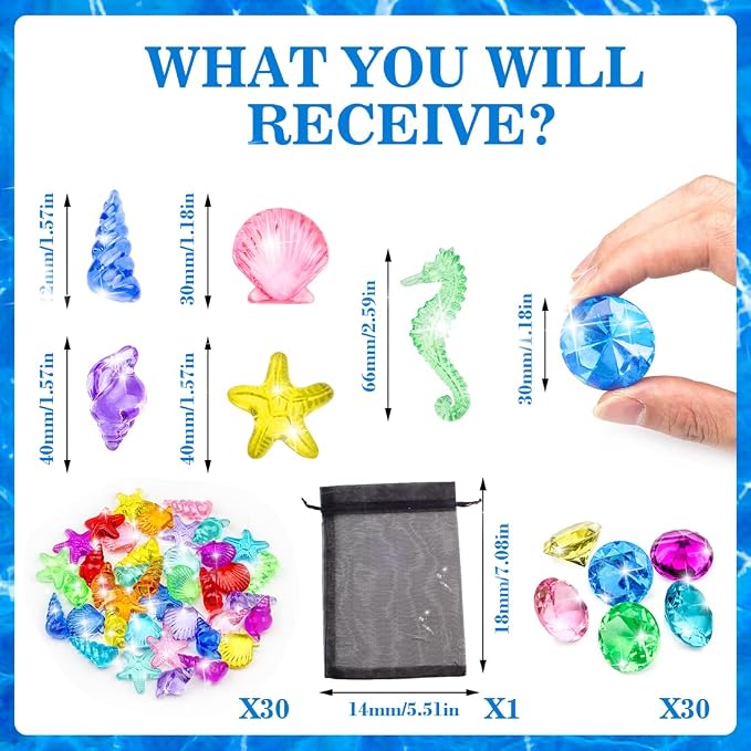 60pcs Diving Gems Pool Toys, Colorful Acrylic Diamond Pirate Treasure | Mermaid Pool Play Set with Mesh Bag, Underwater Gem Diving Toys and Ocean Sensory Bin Filler
