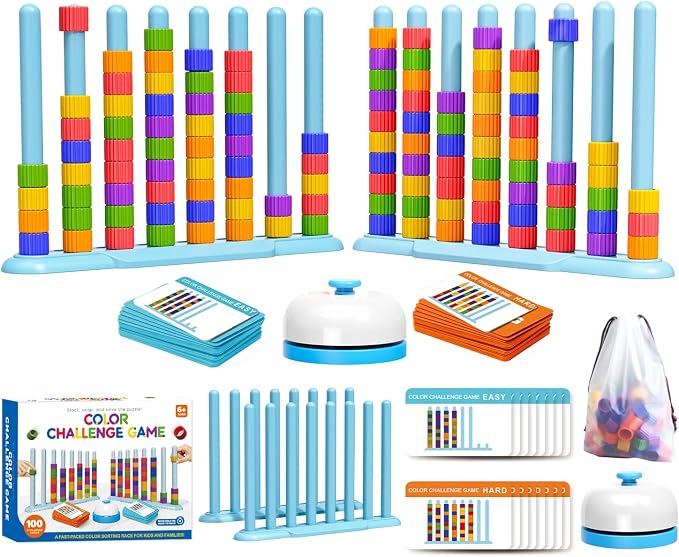 Color Challenge Game – 2 Pack Color Matching Puzzle Game for Family Game Night and Party, Board Game for Kids 6-8-12, Adults, Stacking Game with 2 Stack Racks, 100 Cards, 120 Rings, Bell, Storage Bag‌