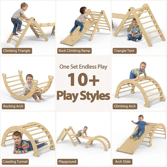 Large Pikler Triangle Set, 7-in-1 Toddler Climbing Toys Indoor, Wooden Montessori Climbing Set with Arch Ramp Ladder, Foldable Baby Jungle Gym Playground (Wood Natural)