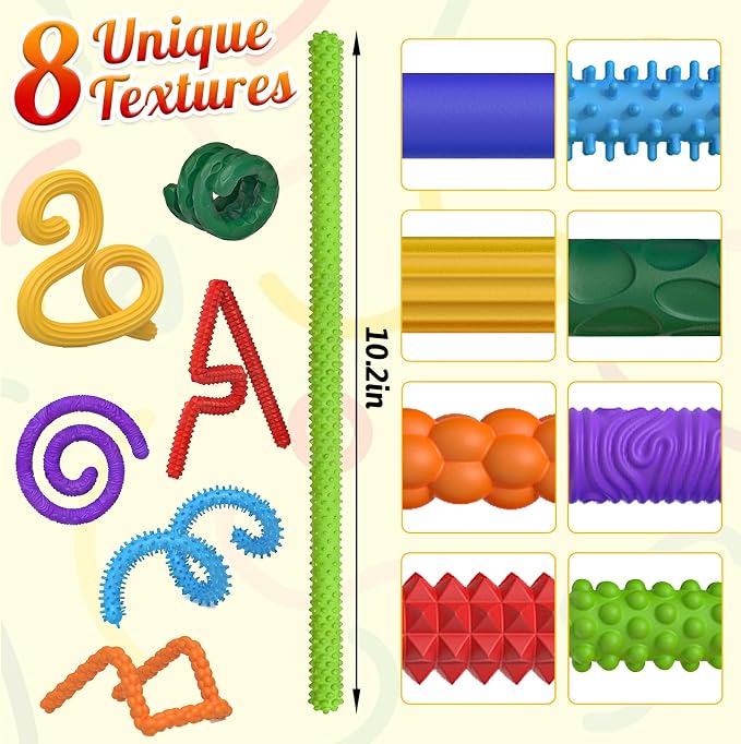 8 Pack Fidget Toys Sensory Sticks for Kids, Quiet Fidgets for Classroom Unique Textured Calming Travel Toys, Stress Relief Autism Sensory Room Must Haves, Stocking Stuffers