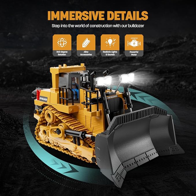 KIDMARKT Metal RC Bulldozer Toy for Kids | 9-Channel Remote Control Track-Type Tractor with Lights & Sounds, Realistic Construction Vehicle Toy for Boys Ages 3-12, Rechargeable Gift for Birthday 2026
