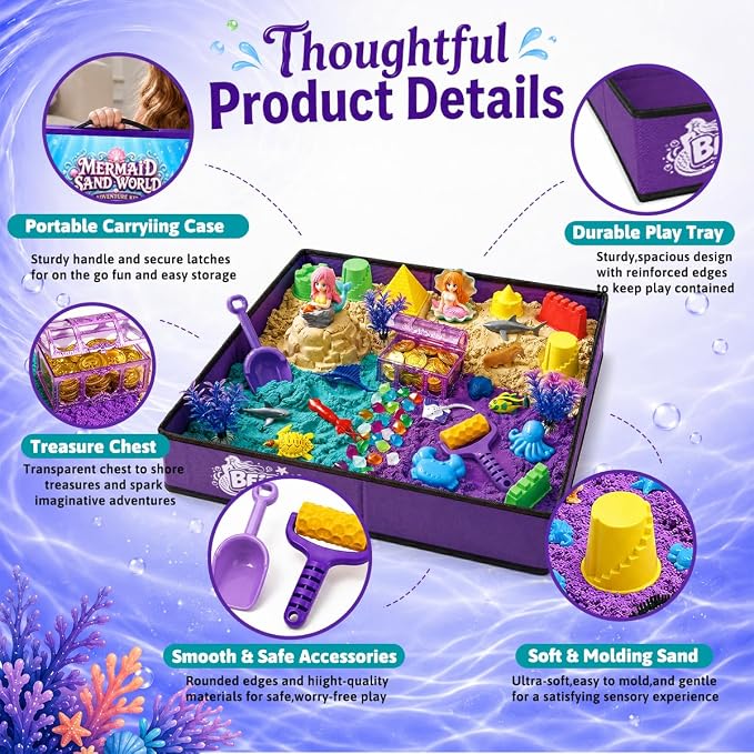 Mermaid Sensory Bin Kit - 58 PCS Sensory Sand Set with 2lbs Magic Sand, 18 Castle & Marine Molds, Foldable Roof Sandbox, Treasure Chest, Ocean Sandbox Mermaid Toys Gifts for Girls Ages 3-8