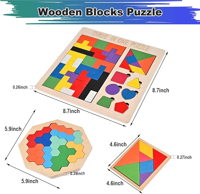 3 PCS Wooden Block Puzzle, Brain Teaser Puzzles for Kids & Adults | Wooden Puzzle Toys with 3-in-1 Russian Blocks Puzzle, Octagon Puzzle, Tangram Puzzles, Montessori STEM Educational Gift Toys