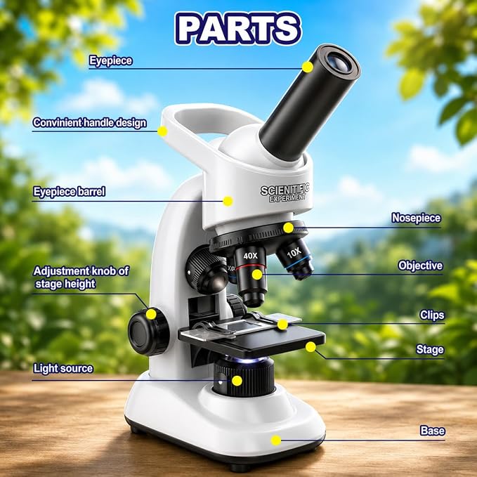 Kids Microscope Kit, 40X-1600X Beginner Microscope for Kids with LED Light, Prepared Slides, Phone Adapter and Lab Tools, STEM Science Toy for Ages 5-12