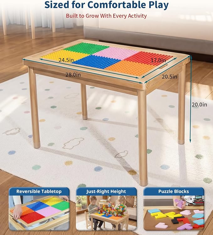 28" Kids Activity Table, Compatible with Lego & Duplo Bricks Play Desk | 4 Foldable Storage Bins, Premium Solid Pine Wood, Reversible Tabletop for Multi-Child STEM Learning & Crafts