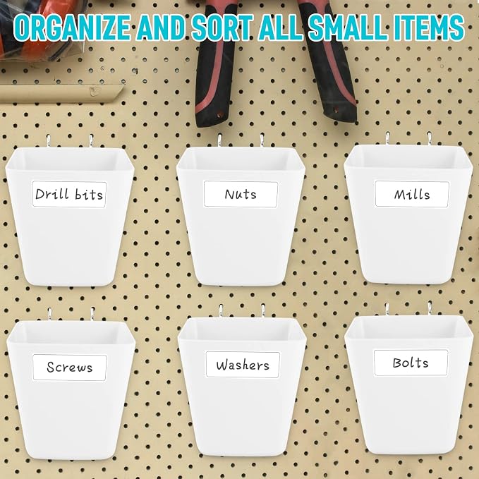 G.CORE Large Pegboard Cups Peg Board Storage Bin 6 Pack with Hooks, Square Box Shape Pegboard Cup Holder Accessories for Garage Workbench/Craft Room/Office/Playroom/Home Kitchen Organization (White) | Big Open-Mouth Cups, 1/8" 1/4" Pegboard Organizer A...