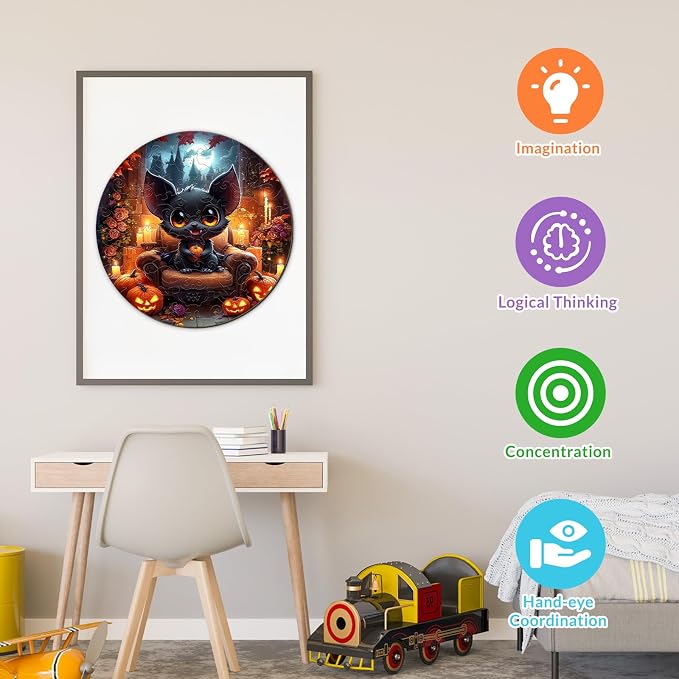 Holiday Wooden Puzzles for Kids - Halloween Black Bat | 50 Piece Puzzles for Kids Ages 4-6 - Kids Puzzle with Unique Animal Shapes - Round Puzzles for Boys and Girls (11.4 * 11.4in)