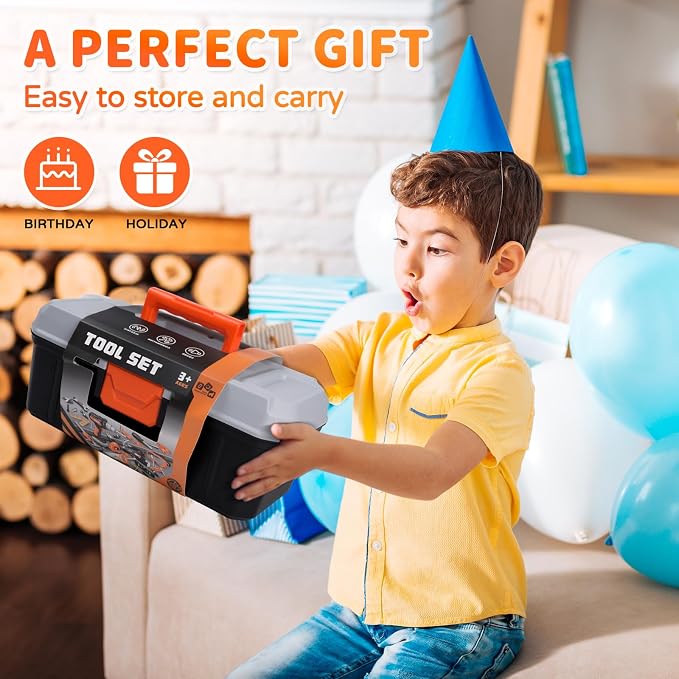 Kids Tool Set with Hard Toolbox, 43 PCS Pretend Play Construction Toys with Battery Powered Toy Drill, Toddler STEM Educational Learning Gifts for Boys & Girls Age 3-8