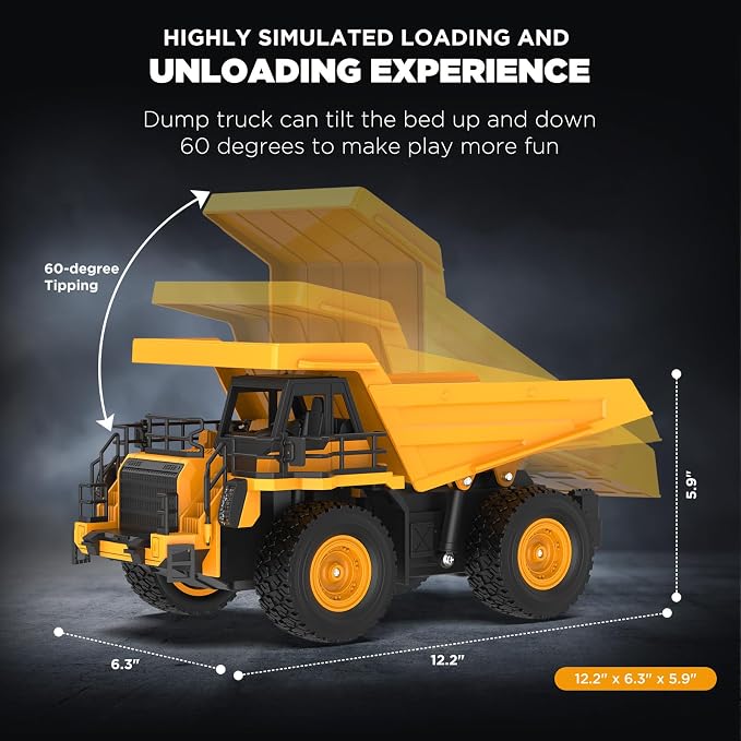 9-Channel RC Dump Truck Toy | 1:18 Scale Construction Vehicle with Working Bed, Lights & Sounds, All-Terrain Tires, 100-Min Rechargeable Battery, 2026 New STEM Birthday Gift for Kids 6-12 & Adults
