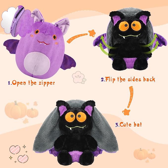 MIAODAM Halloween Purple Bat Plush, Reversible Bat Stuffed Animal Plushies | 11 Inch Cute Bat Zipper Plush, Perfect Halloween Decor & Holiday Gifts for Toddlers
