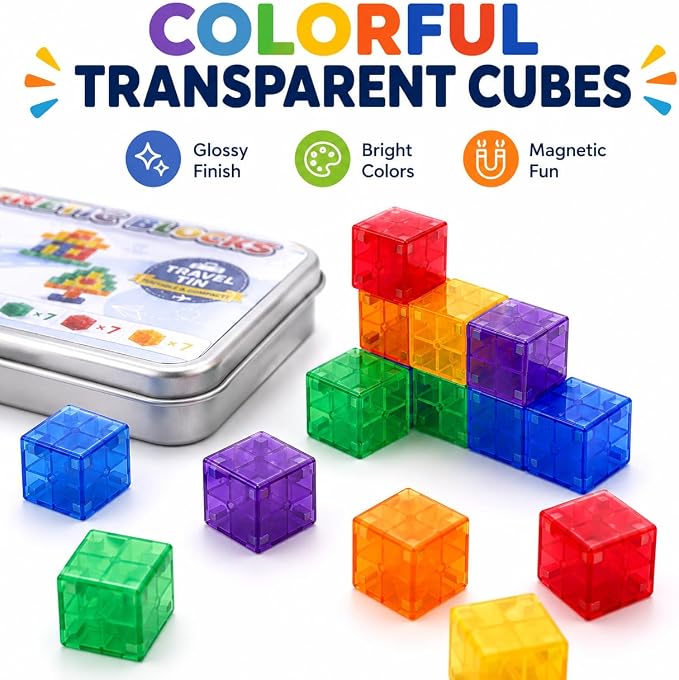 POSOUL 35-Piece Mini Magnetic Building Blocks Travel Set with Metal Storage Tin and Play Tray, Colorful Transparent Magnet Cubes, STEM Construction Toy with Idea Book for Kids Ages 3+