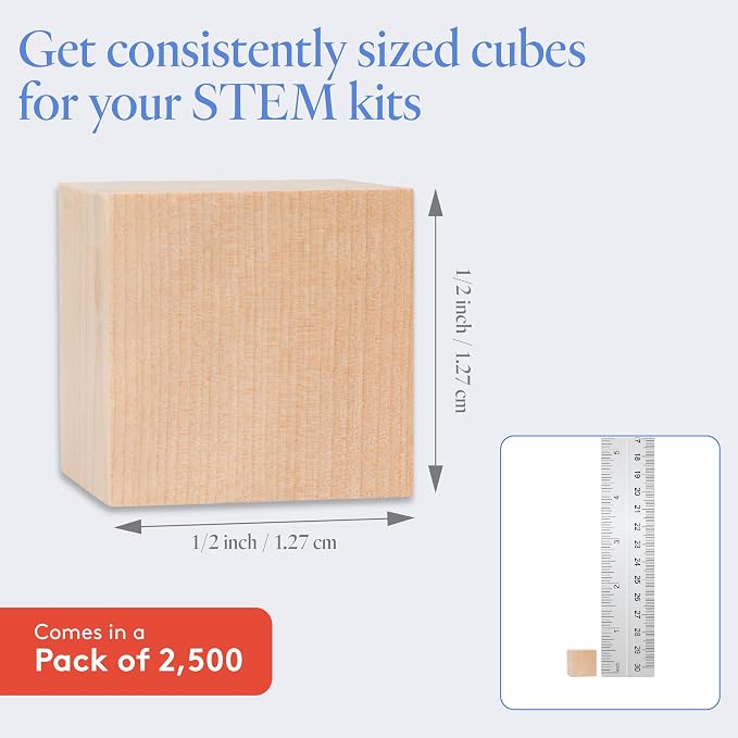 DIY Wooden Cubes 1/2-inch, Pack of 2500 Small Blank Wooden Blocks, Unfinished Wood Blocks for Crafts, STEM, Dice, and Building Blocks for Stacking, by Woodpeckers