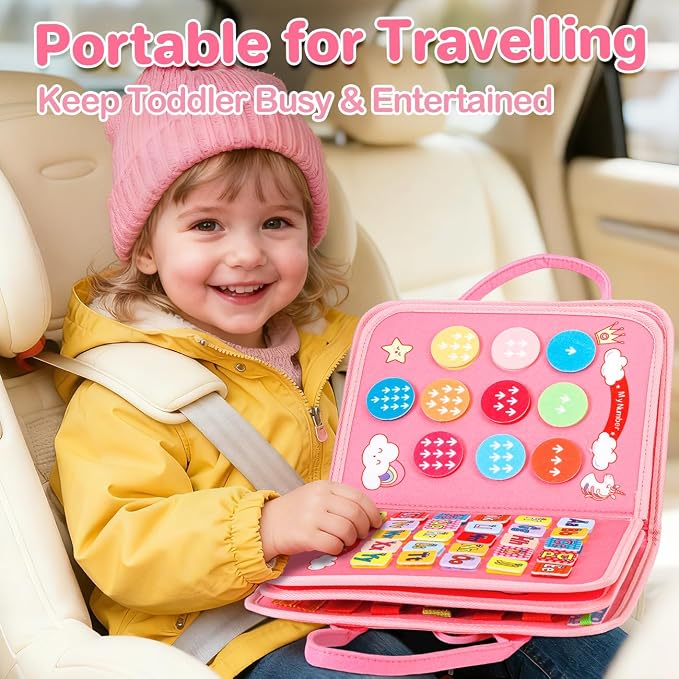 Busy Board Montessori Toys Toddler Girl Gift, Sensory Travel Toy for 1-3 | Preschool Educational Toy, Fine Motor Skills, Alphabet, Numbers, Shapes, Colors, Car & Airplane, Pink Multipages