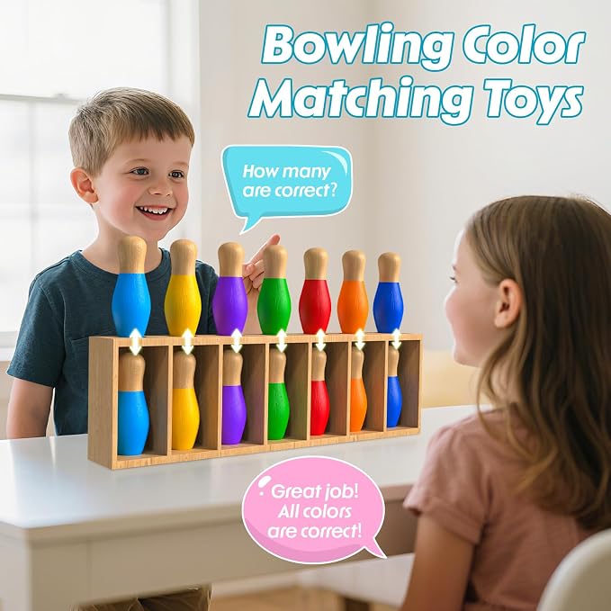 pamexin Family Games for Kids, Wooden Bowling Color Matching Game with 7 Bright Pins and Storage Bag, Family Board Games Party Birthday Gift, Fun Party Game for Boys Girls