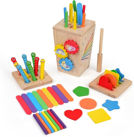 Wooden Montessori Baby Toys, 5 in 1 Fine Motor Skills Learning Toy, Educational Shape & Color Sorting Sensory Fidget Toy for Kids Ages 3-5, Birthday Gift for 6-8 Year Old Girls & Boys
