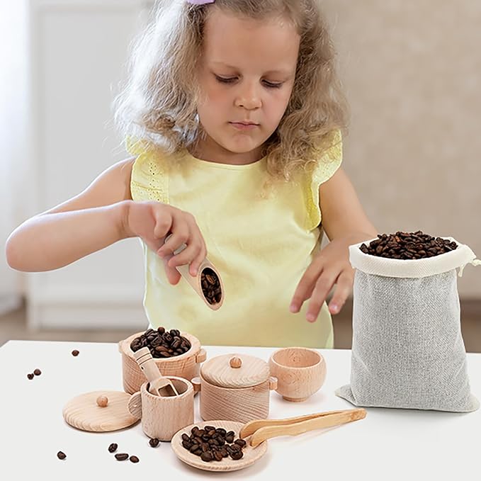 Hiceeden Set of 11 Wooden Sensory Bin Tools for Kids, Sensory Scoops and Tongs Toys with Bag, Waldorf Montessori Toys for Fine Motor Skill Learning