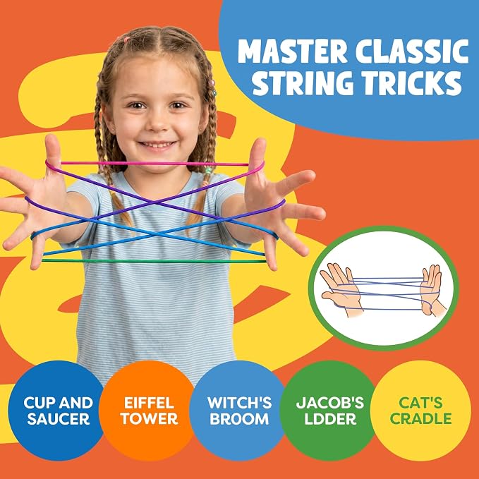 Kasfalci Cats Cradle Rainbow String Game Kit - Teen Girl Gifts for 6-8-12 Year Old Boys Girls - Road Trip & Travel Toys for Kids - Classic Finger Game with 2 Strings