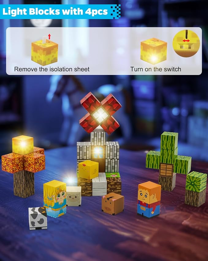 Magnetic Blocks 45 pcs Travel Toys with Light-Up Cube, Forest | Travel Essentials for Airplane, Road Trip & Camping, Gift for 3-8 Year Old Boys & Girl, STEM Learning Toy for Toddlers & Kids