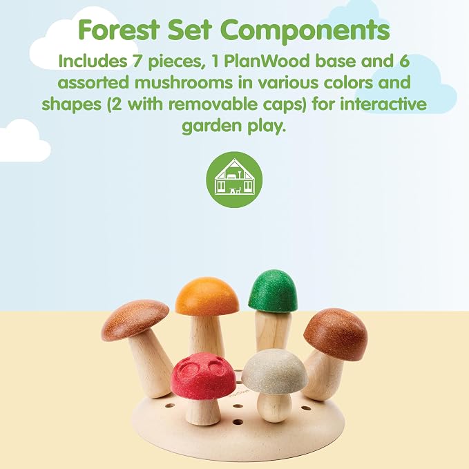 PlanToys® Wooden Play & Pick Mushrooms Toy Kids Garden Learning Playset | wooden mushroom play pick set, montessori imaginative sensory, fine motor coordination, color sorting, garden pretend, kids