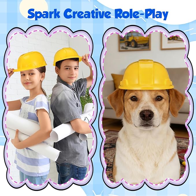 2pcs Kids Construction Hat Yellow Plastic: 8.26 Inch Hard Hats Worker Helmets for Kids Pretend Role Play Themed Parties Dress up and Fun