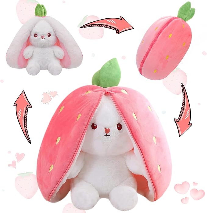 MIAODAM Strawberry Bunny Stuffed Animal,Reversible Cute Bunny Rabbit Plush | Zipper Design Turns Into Ear Bunny Plushies Toy,Cuddle Stuffed Bunny Doll for Kids Girls,Christmas/Birthday/Easter Bunny Gift