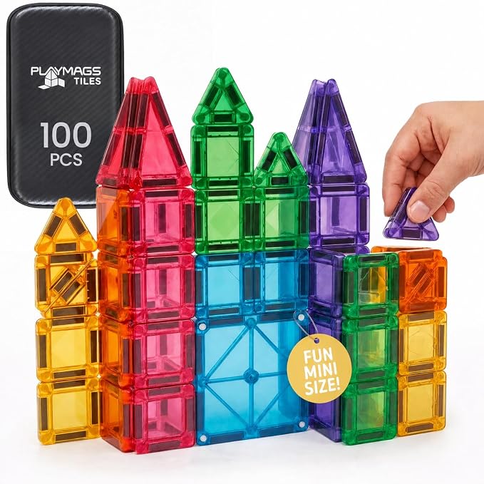 Playmags Mini Magnetic Tiles for Kids 100-Piece Set | Travel Magnetic Blocks | STEM Sensory Educational Toys | Portable Toddler Building Toys | Gift for Boys & Girls Ages 3