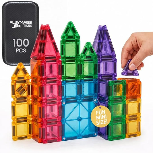 Playmags Mini Magnetic Tiles for Kids 100-Piece Set | Travel Magnetic Blocks | STEM Sensory Educational Toys | Portable Toddler Building Toys | Gift for Boys & Girls Ages 3