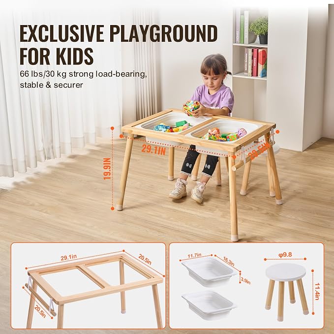 VEVOR Sensory Table and Chairs Set, Toddlers Activity Table with 2 Stools, 2 Storage Bins & Paper Roll Holder, Indoor/Outdoor Play Sand and Water Table, Wooden Kids Sensory Table - Gift for Boys Girls