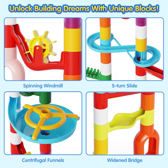 MaxTronic Marble Run Toy, 110pcs Marble Maze Kit STEM Educational Learning Toy for Kids, Mable Race Construction Railway Building Blocks with 60 Marbles Birthday Gift for Boys Girls 3-12 Years Old