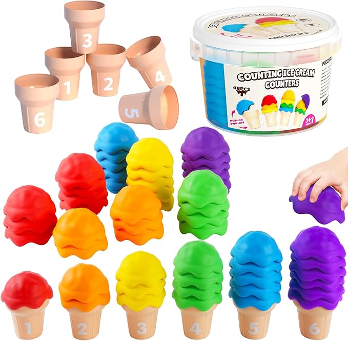 NEOROD Ice Cream Toys for Toddlers 1-5, Montessori Counting Manipulatives | 6 Cones & 42 Scoops Math Color Sorting Set, Fine Motor Stacking Game with Storage Container, Safe Rubber Sensory Play