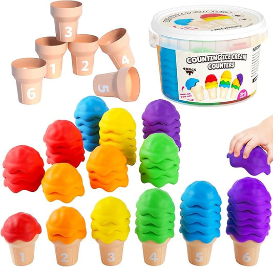 NEOROD Ice Cream Toys for Toddlers 1-5, Montessori Counting Manipulatives | 6 Cones & 42 Scoops Math Color Sorting Set, Fine Motor Stacking Game with Storage Container, Safe Rubber Sensory Play