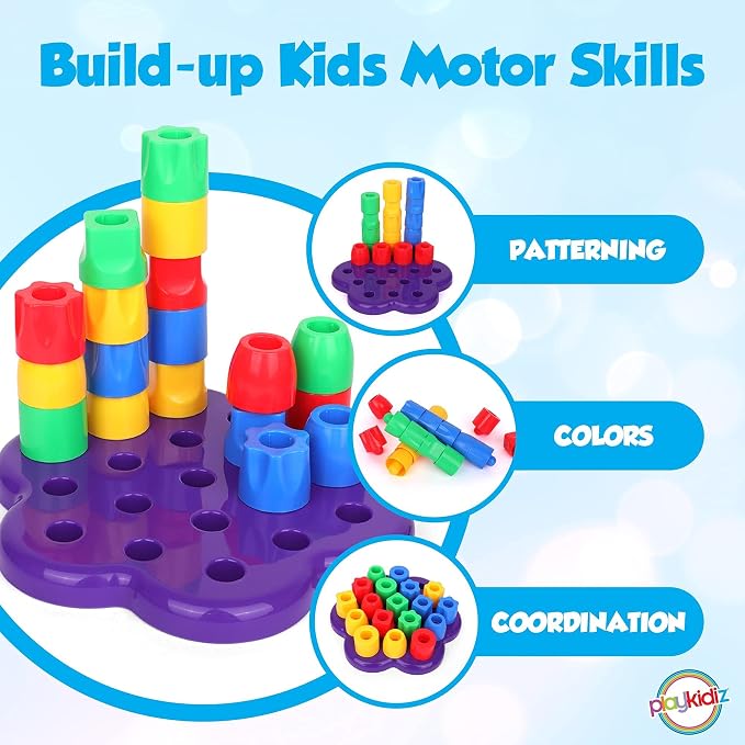 My First Pegs Playset, Large Colored and Fun Shape Stacker Plastic Pegs, Baby and Toddler Peg Board Toys, Play and Learn STEM Toy, Fine Motor Skills, Ages 18m+